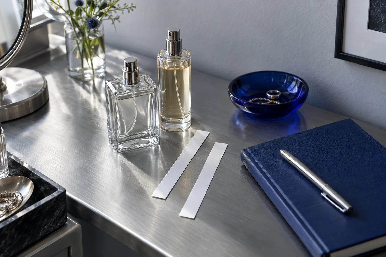 Two perfume bottles beside blank scent blotters and a cobalt notebook on a brushed silver vanity