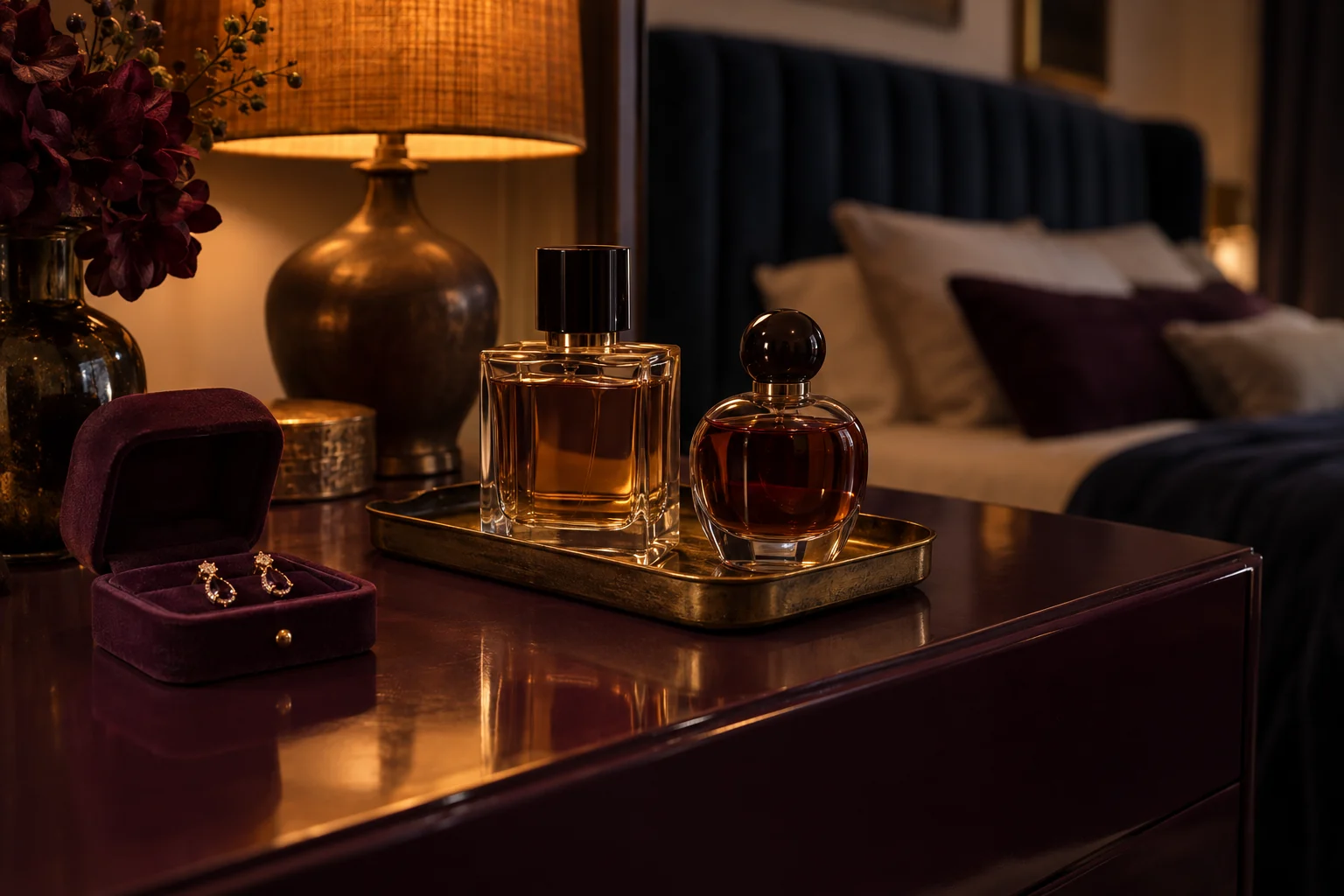 Perfume bottles on a brass tray beside a velvet jewelry box in a plum dressing space with amber evening light