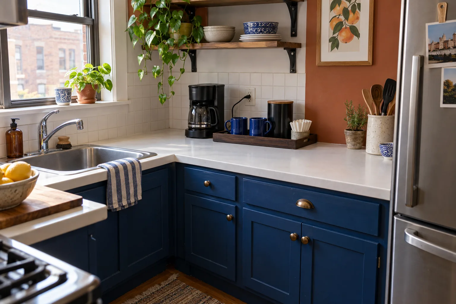A small apartment kitchen with blue cabinets, a terracotta wall, and a coffee maker beside navy mugs on a tray