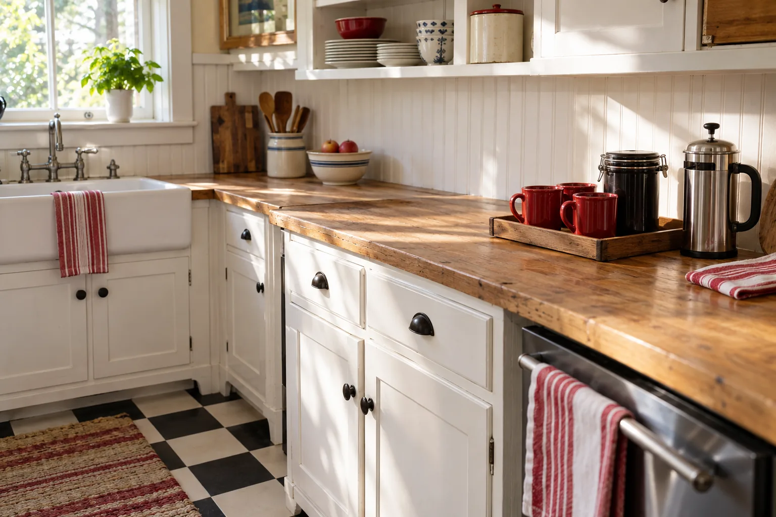 Cherry-red mugs and a French press beside a tray in a white farmhouse kitchen with butcher-block counters and a checkerboard floor