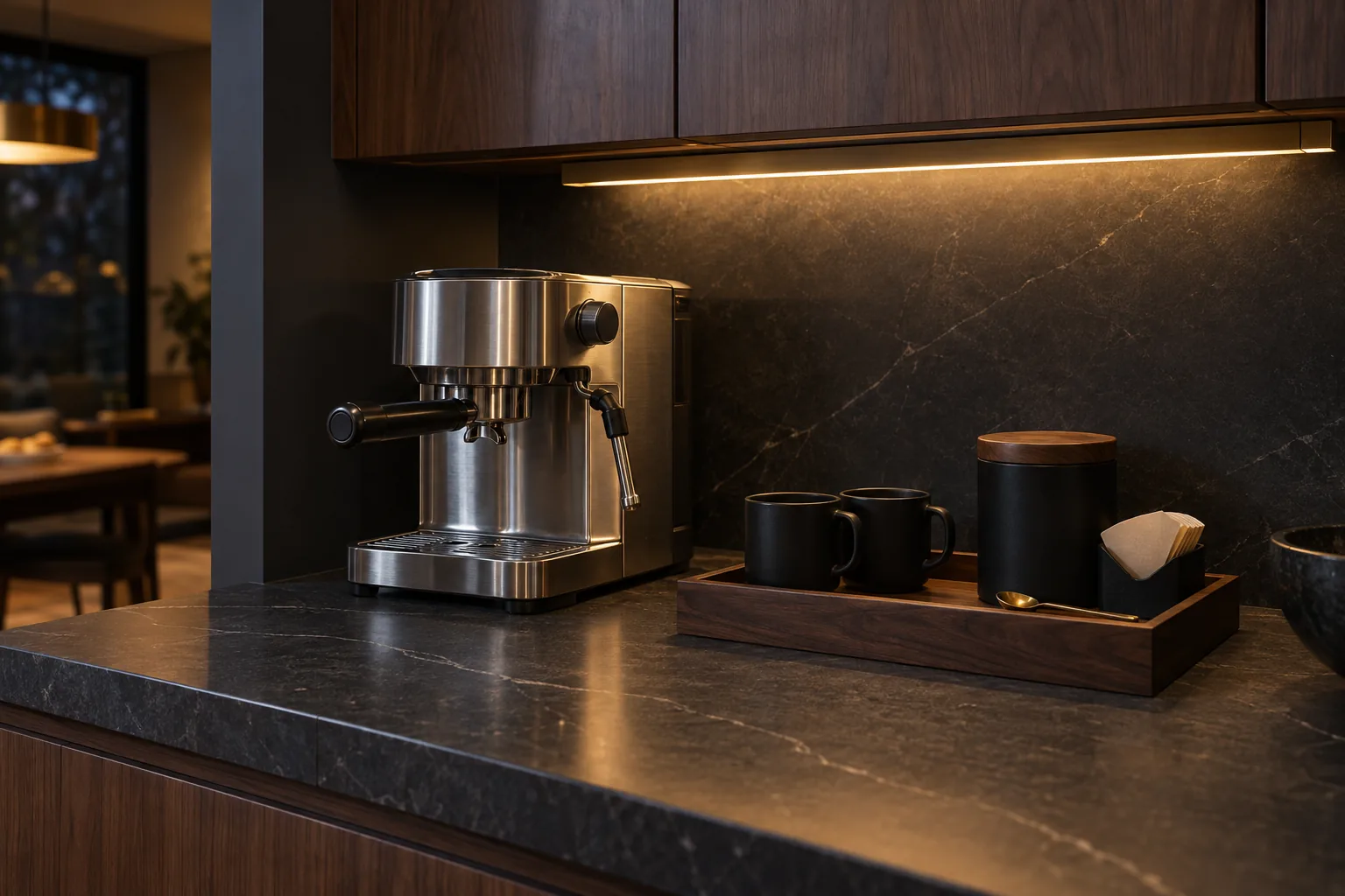 A brushed-metal espresso machine beside black mugs and a walnut tray in a charcoal kitchen with warm under-cabinet lighting
