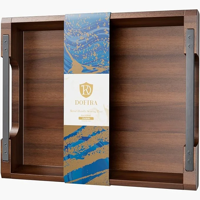 Dofira wood tray with black handles