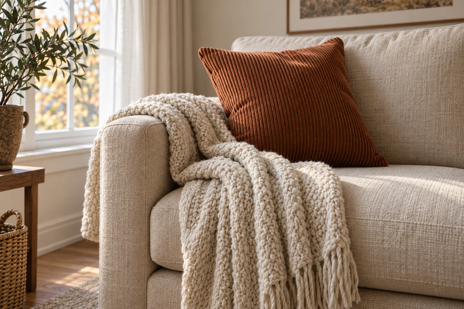 Close-up of a rust corduroy cushion and cream textured throw on an ivory sofa, lit by the window on the left.