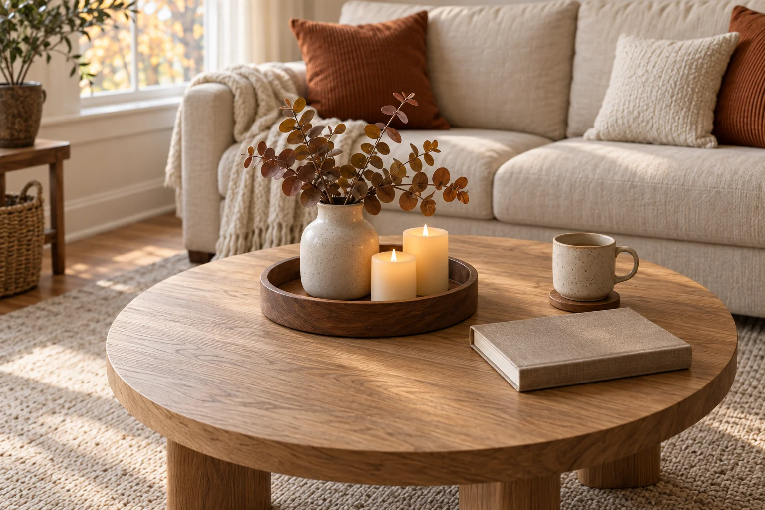 Small ivory ceramic vase with muted brown stems and two glowing LED candles in a wooden tray on an oak coffee table.