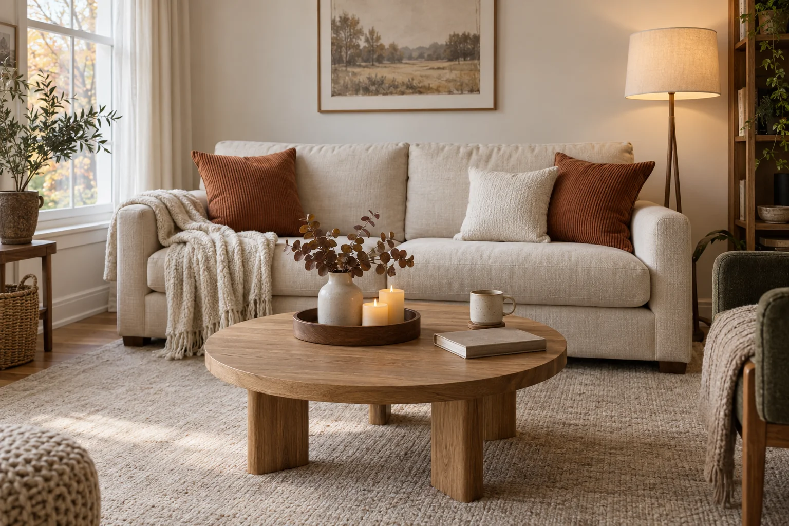 Ivory sofa with rust cushions and a cream throw beside an oak coffee table with autumn stems and LED candles.