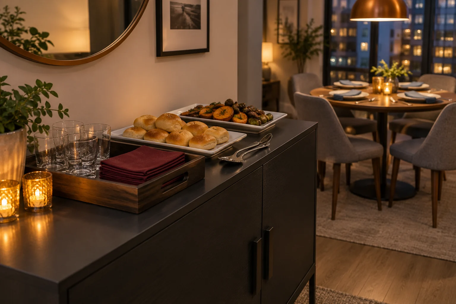 A charcoal sideboard holds glasses, burgundy napkins, serving platters, and warm candlelight beside a small dining table