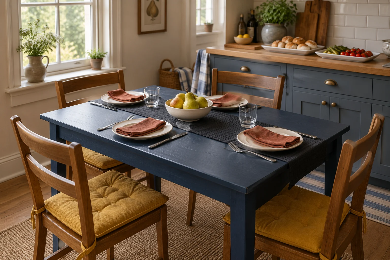 A narrow blue farmhouse table with terracotta napkins and a low pear centerpiece, with serving dishes on the kitchen counter