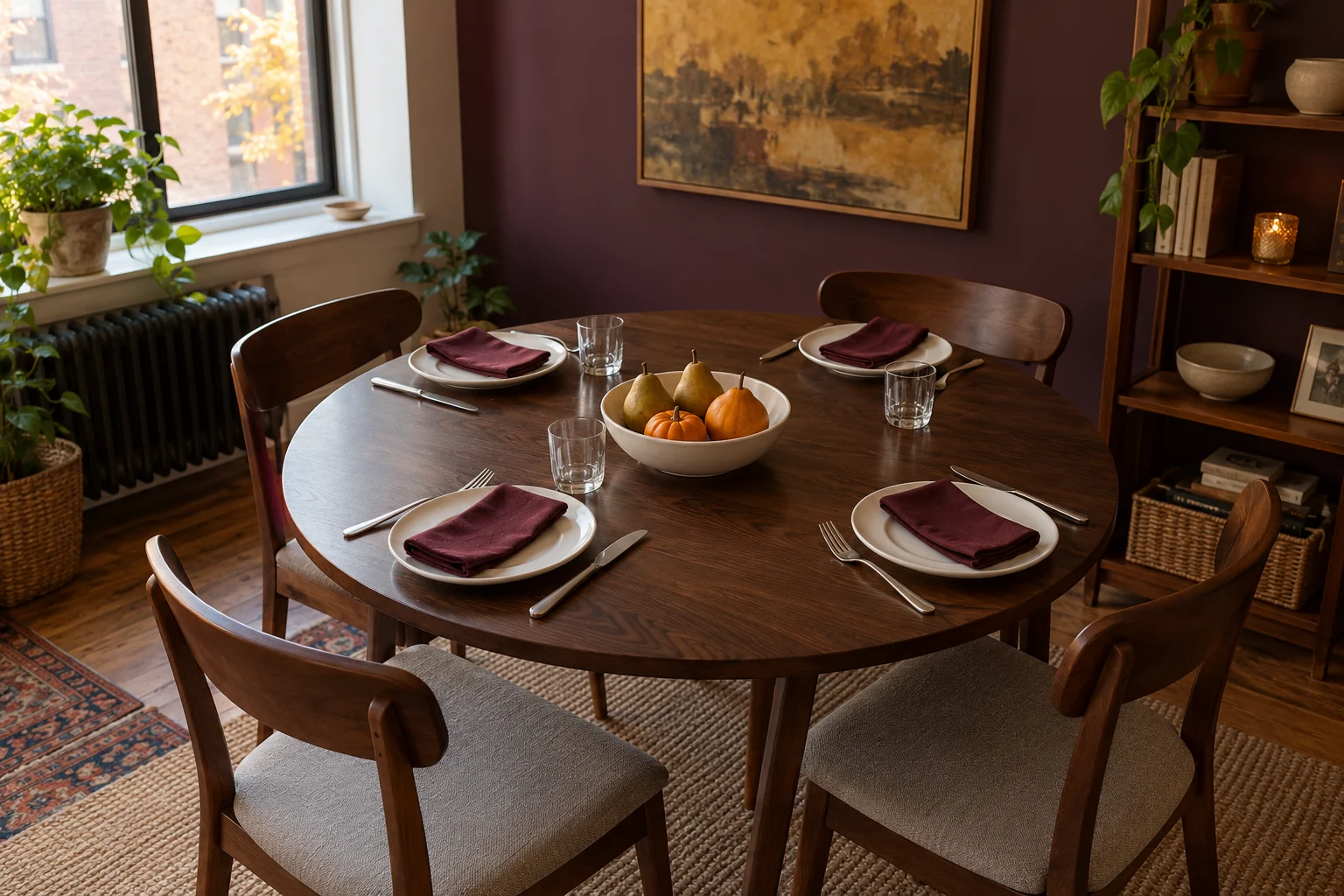 A small round Thanksgiving table with burgundy napkins and a low bowl of pears and pumpkins, leaving open space between four place settings