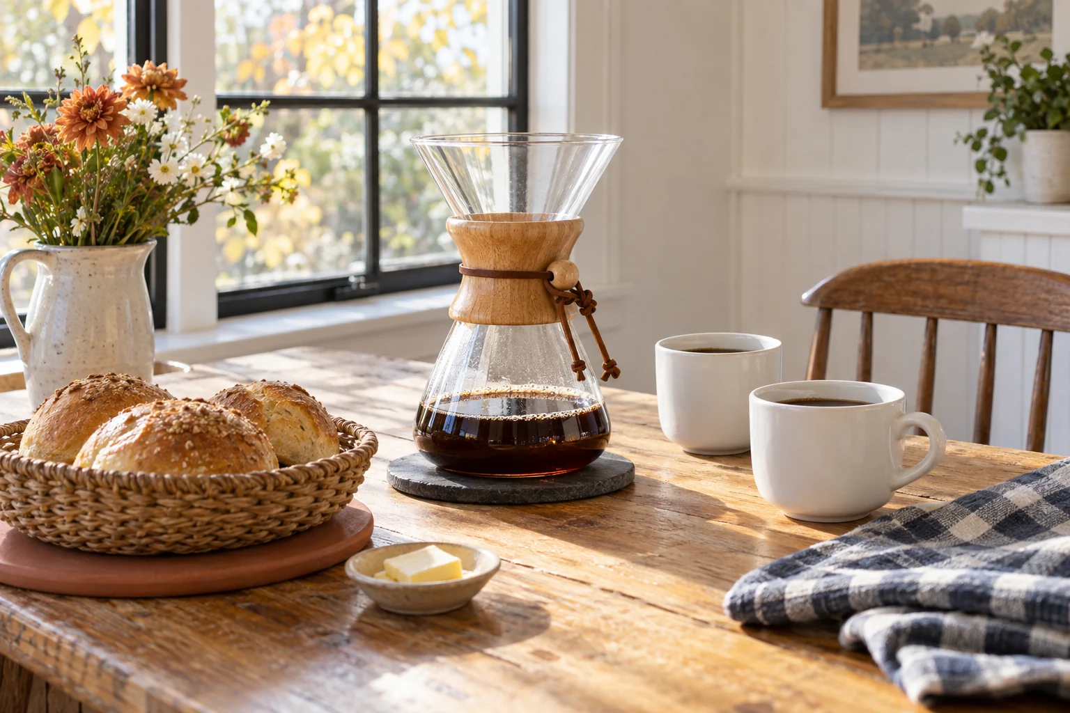 A sunlit farmhouse breakfast nook with navy checked linen, a bread basket, and a glass pour-over coffee brewer