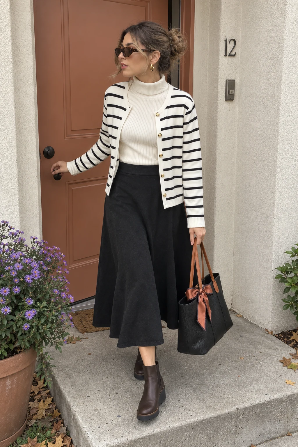 A woman leaving an apartment entryway in an open striped cardigan over a white turtleneck, black midi skirt, brown Chelsea boots, and a black tote