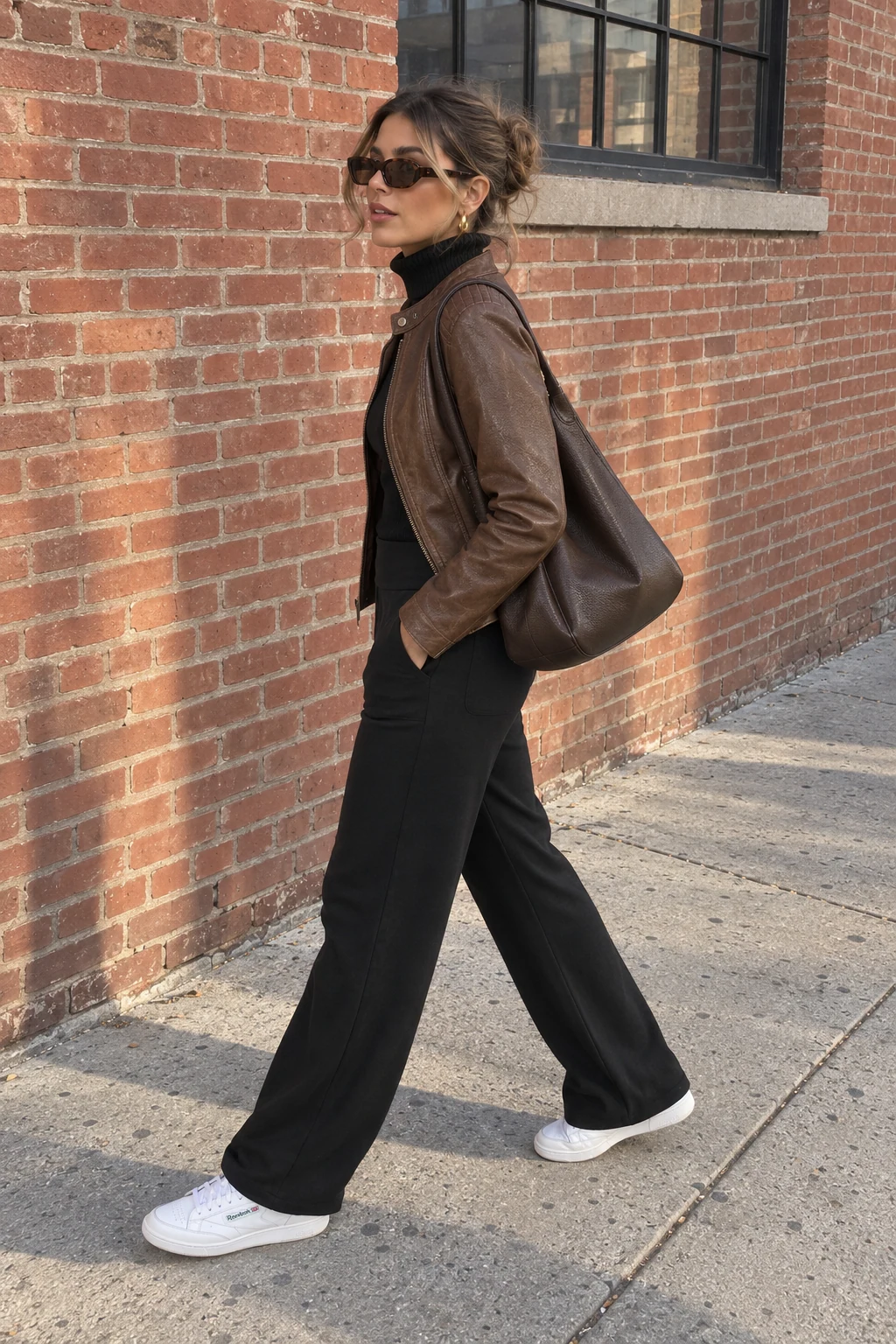 A woman beside a brick storefront in a brown faux leather moto jacket, black turtleneck, black wide-leg pants, white sneakers, and a Coffee bag
