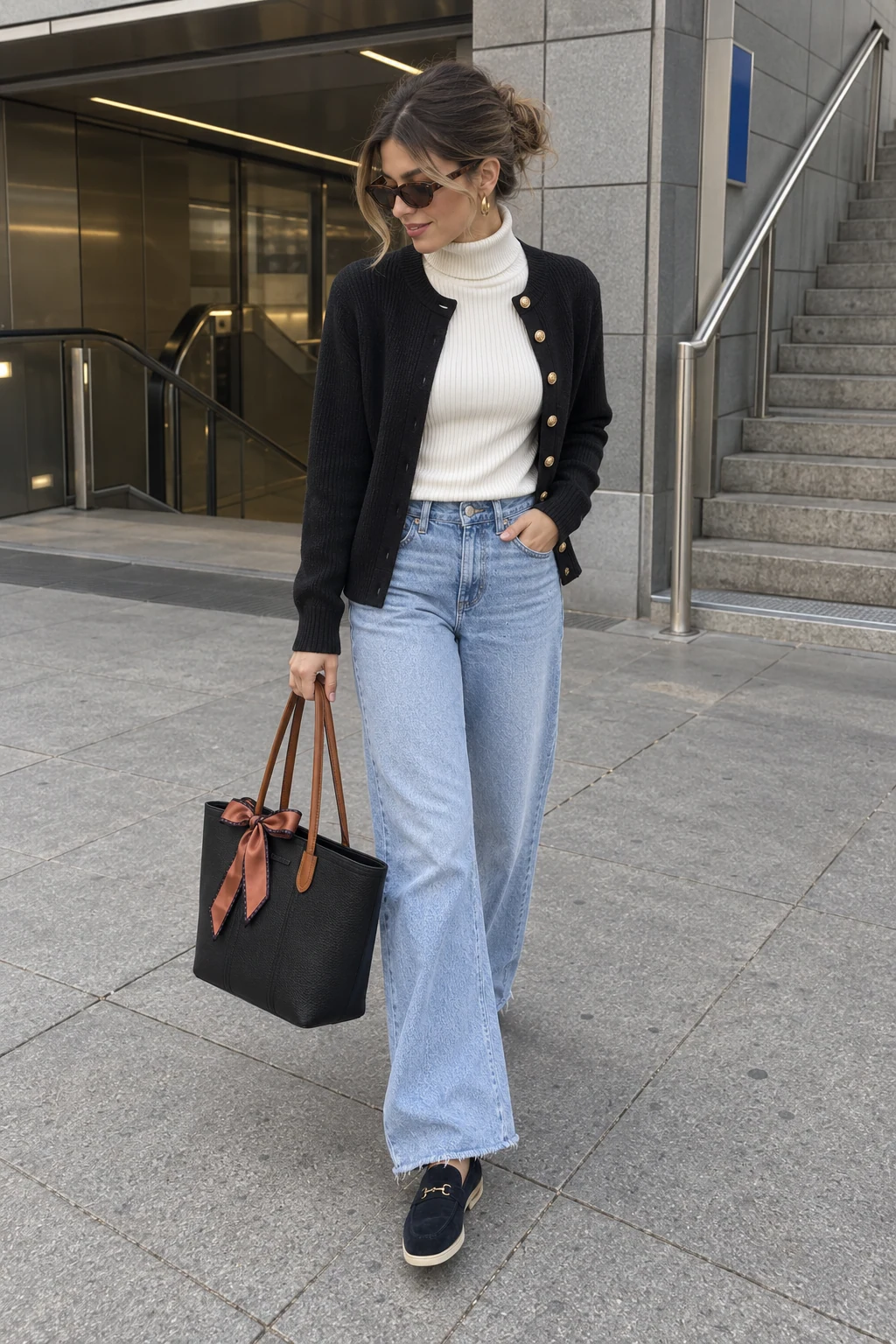 A woman approaching a transit entrance in an open black cardigan, white turtleneck, light-blue jeans, black loafers, and a black tote with brown handles