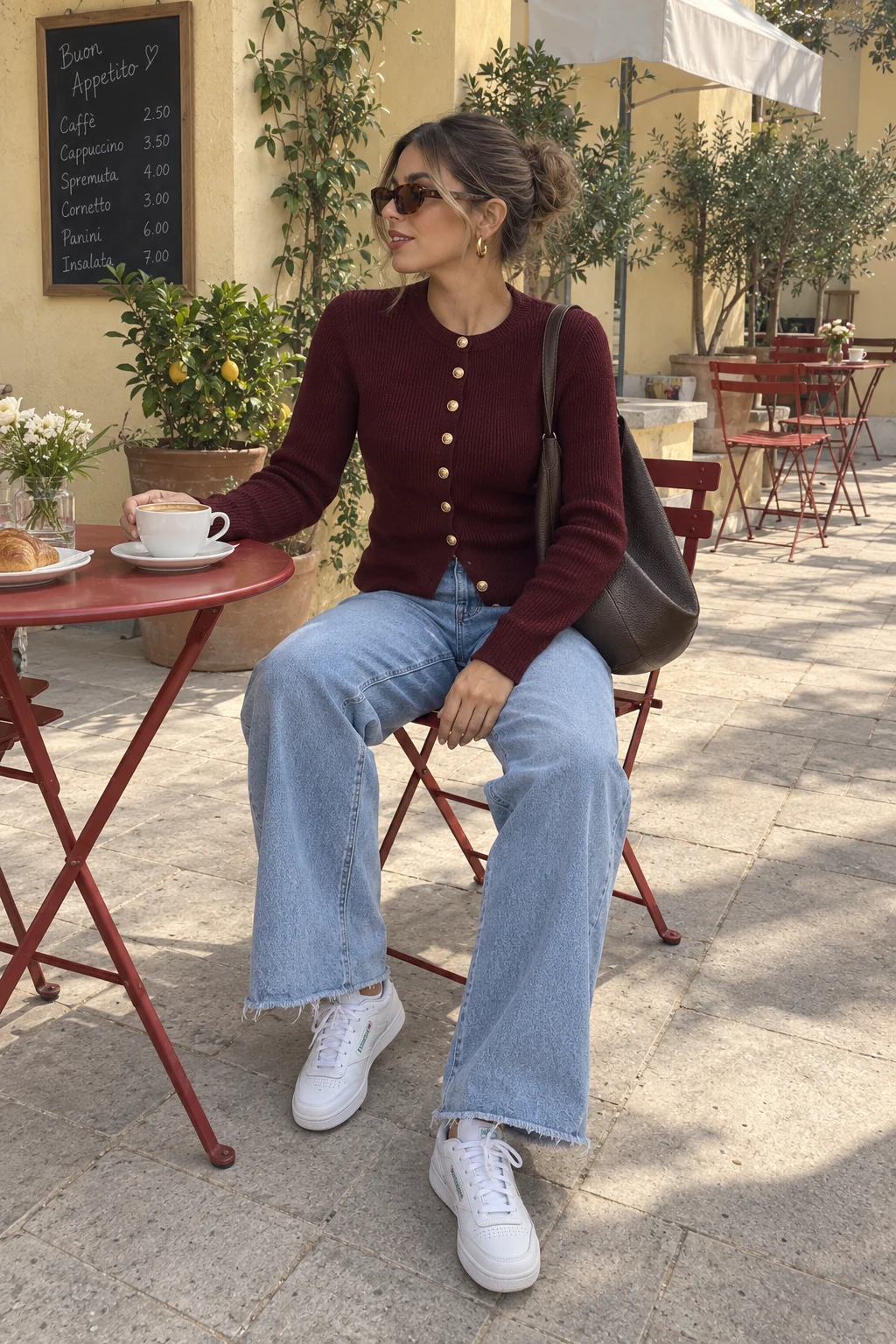 A woman outside a neighborhood café wearing a burgundy cardigan, light-blue jeans, white sneakers, and a Coffee shoulder bag