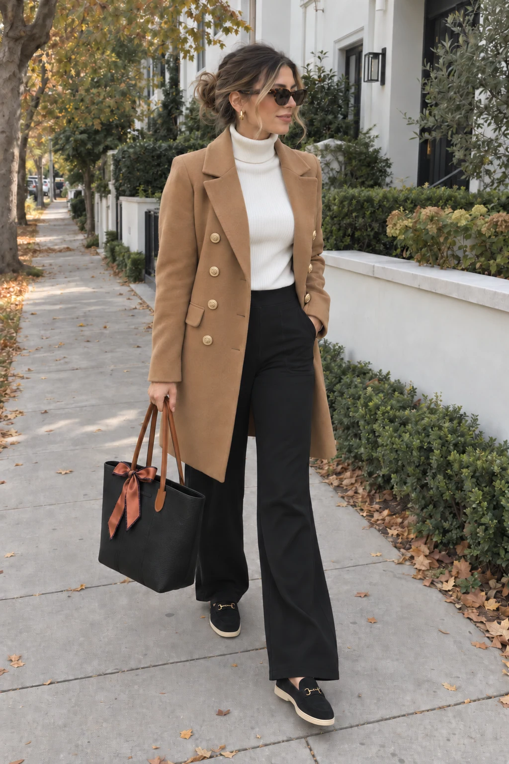 A woman on a tree-lined sidewalk in an open camel coat, white turtleneck, black wide-leg pants, black loafers, and a black tote with brown handles