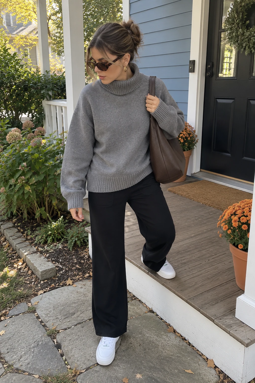 A woman stepping onto a residential porch in a grey turtleneck, black wide-leg pants, white sneakers, and a Coffee shoulder bag