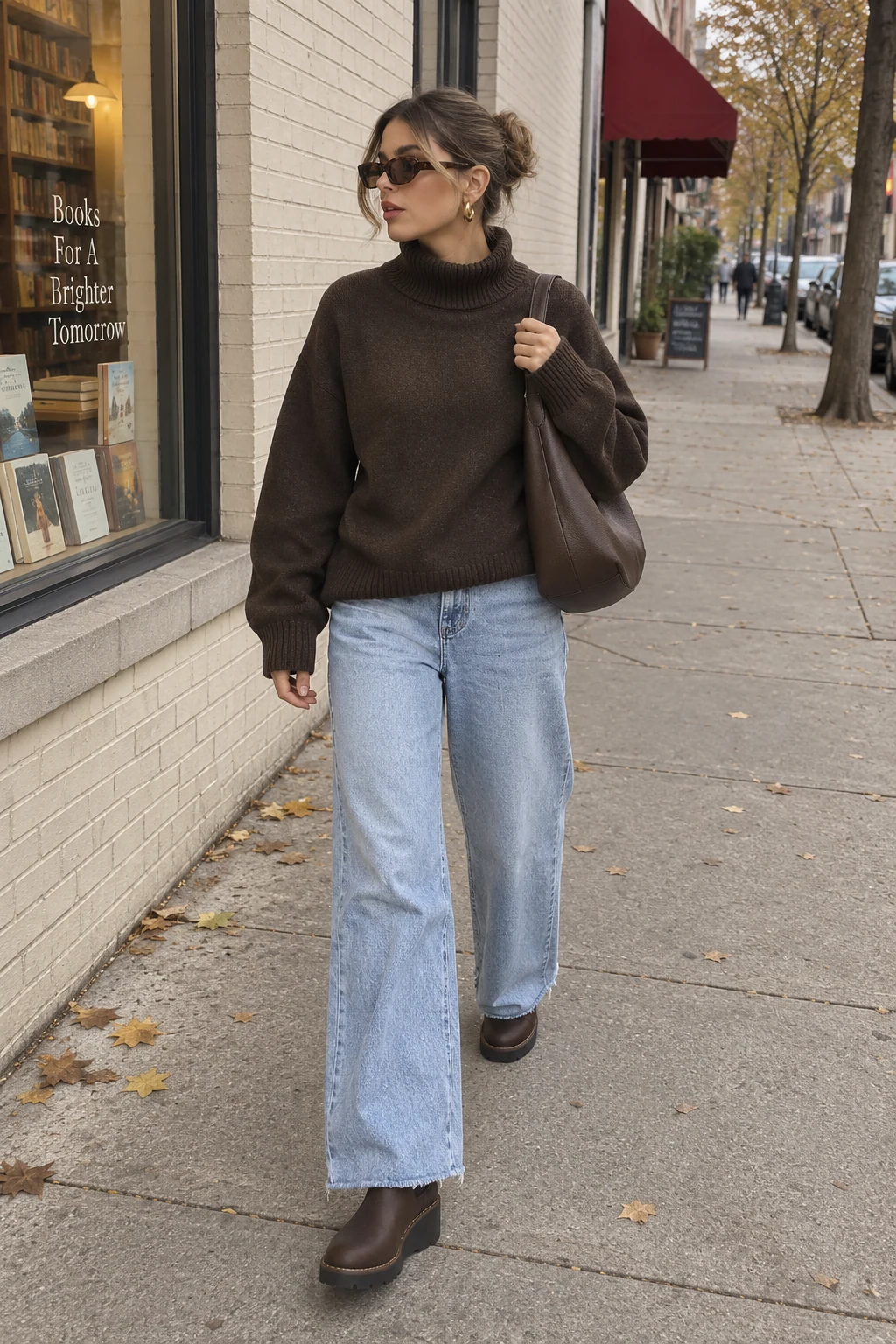 A woman walking along a shopping street in a brown turtleneck, light-blue wide-leg jeans, brown wedge Chelsea boots, and a Coffee shoulder bag